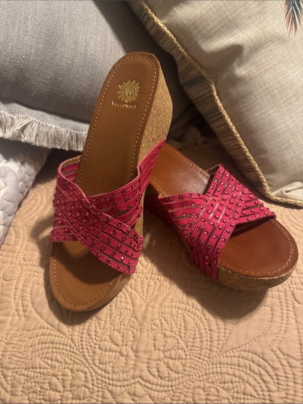 Yellow Box Fuchsia Studded Crisscross Cork Wedge Sandals